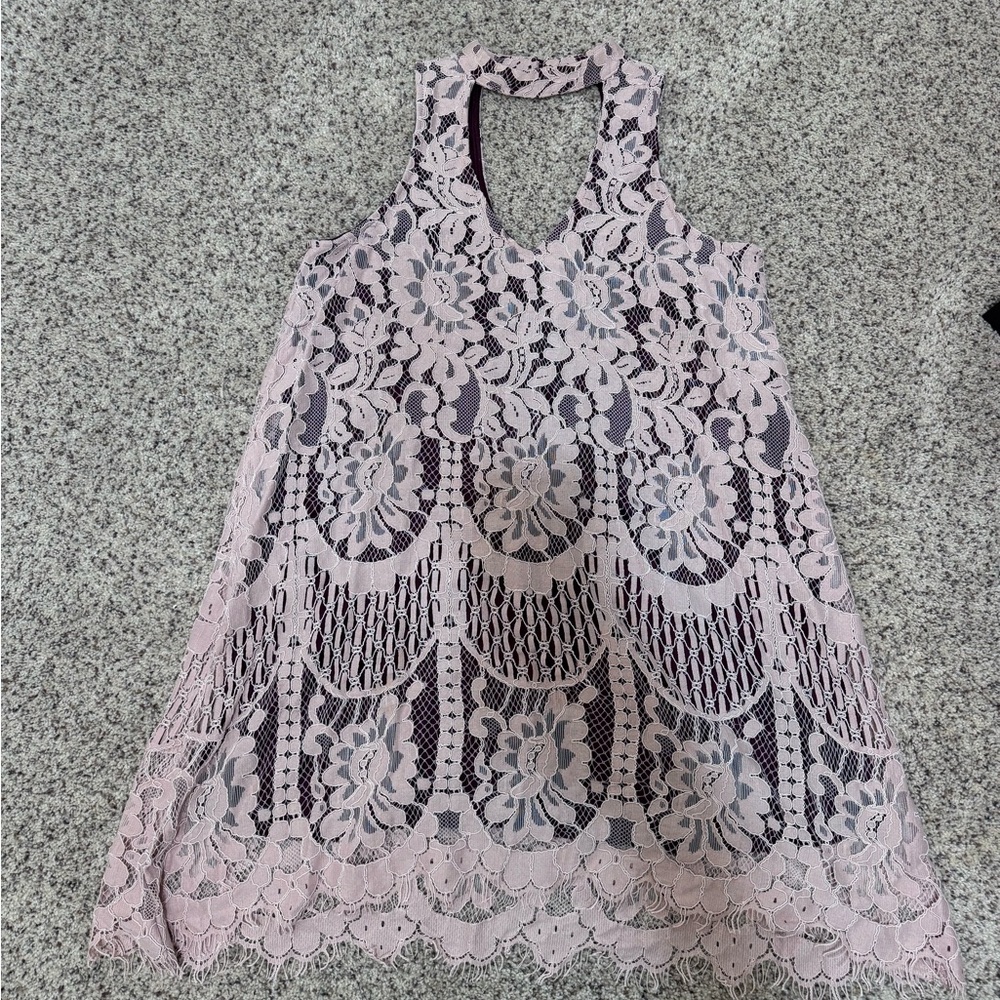 Abbeline light pink and Burgundy Lace Dress - Picture 1 of 7